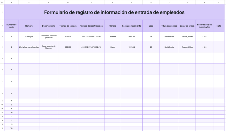 Formulario de registro de información de entrada de empleados